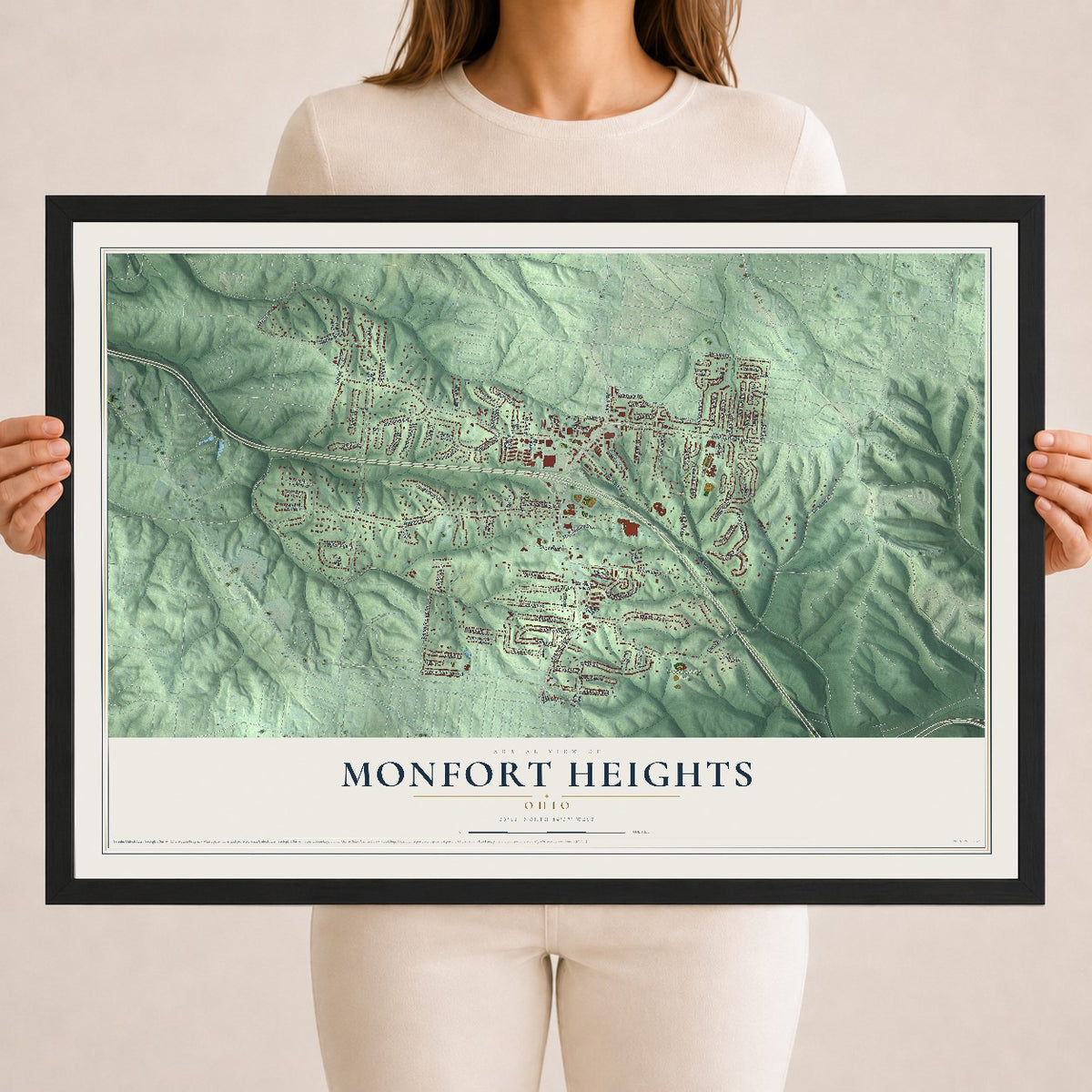 Map of Monfort Heights, Ohio, 18 x 24 inch print in a black wood frame