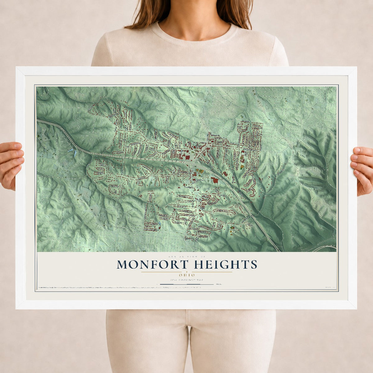 Map of Monfort Heights, Ohio, 18 x 24 inch print in a white wood frame