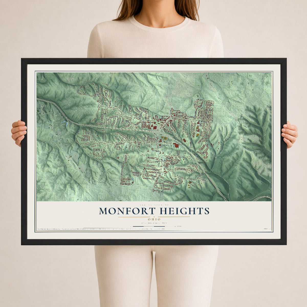 Map of Monfort Heights, Ohio, 24 x 36 inch print in a black wood frame