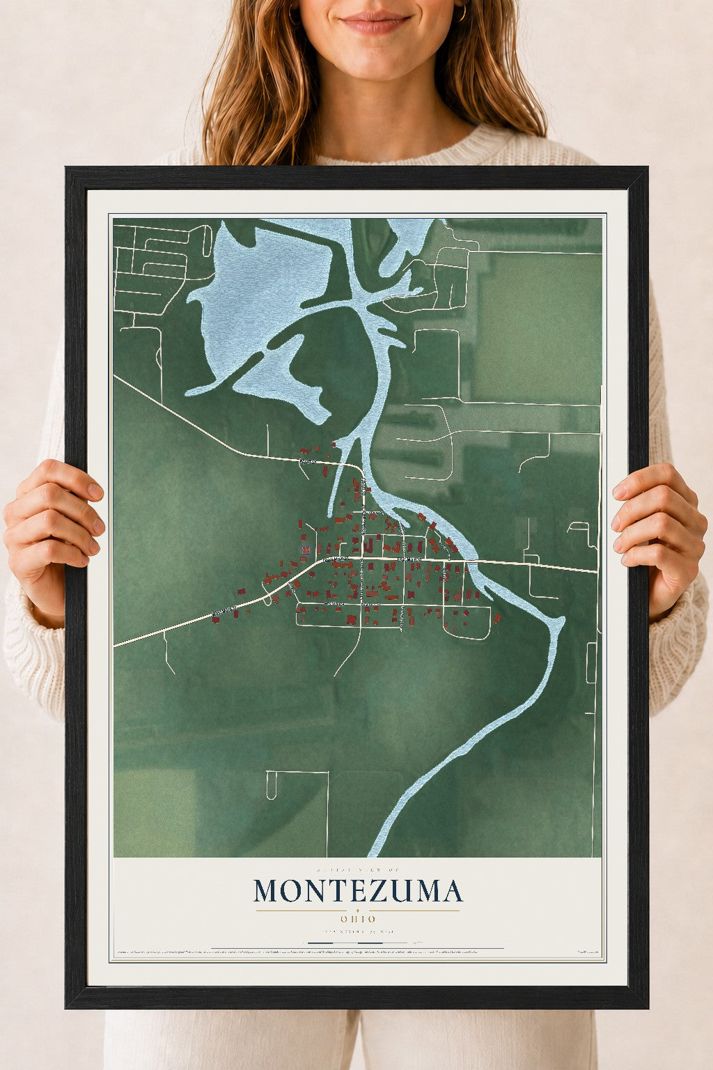 Map of Montezuma, Ohio, 18 x 24 inch print in a black wood frame