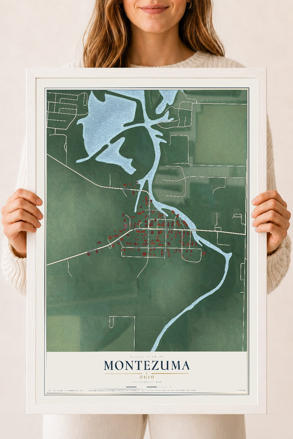 Map of Montezuma, Ohio, 18 x 24 inch print in a white wood frame