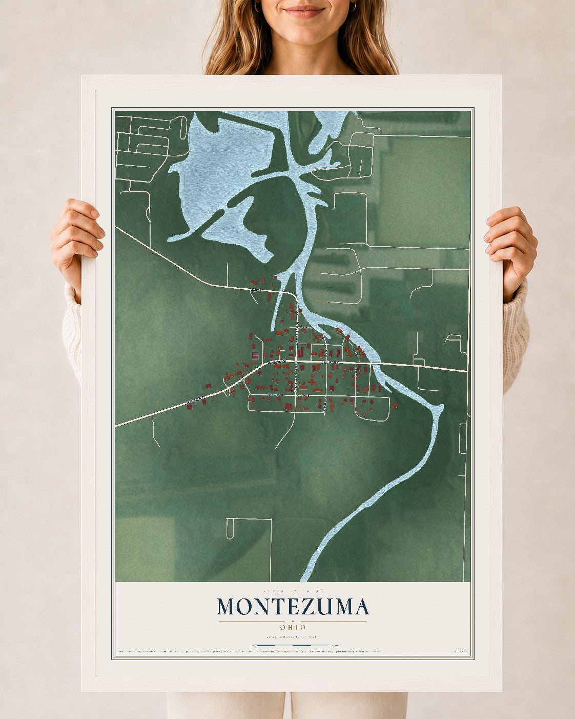 Map of Montezuma, Ohio, 24 x 36 inch print in a white wood frame