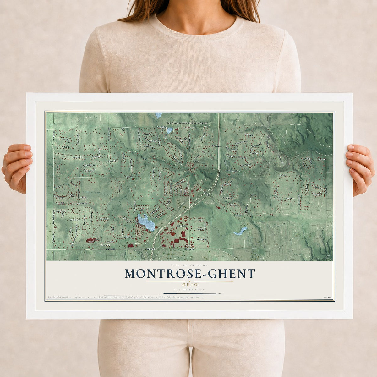 Map of Montrose-Ghent, Ohio, 12 x 18 inch print in a white wood frame
