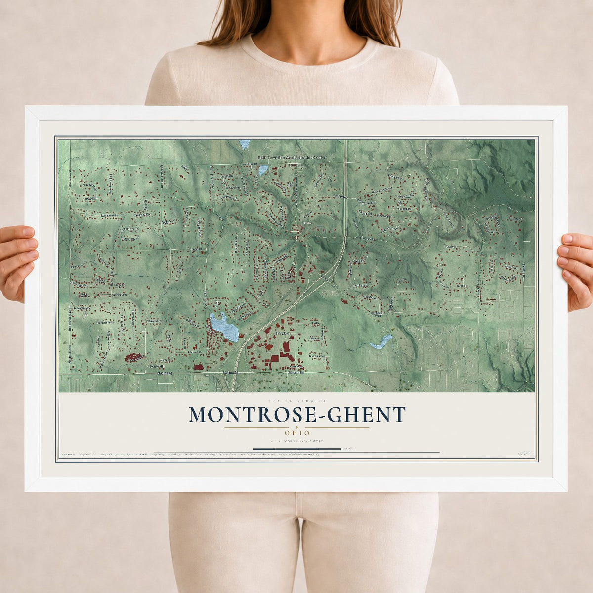 Map of Montrose-Ghent, Ohio, 18 x 24 inch print in a white wood frame