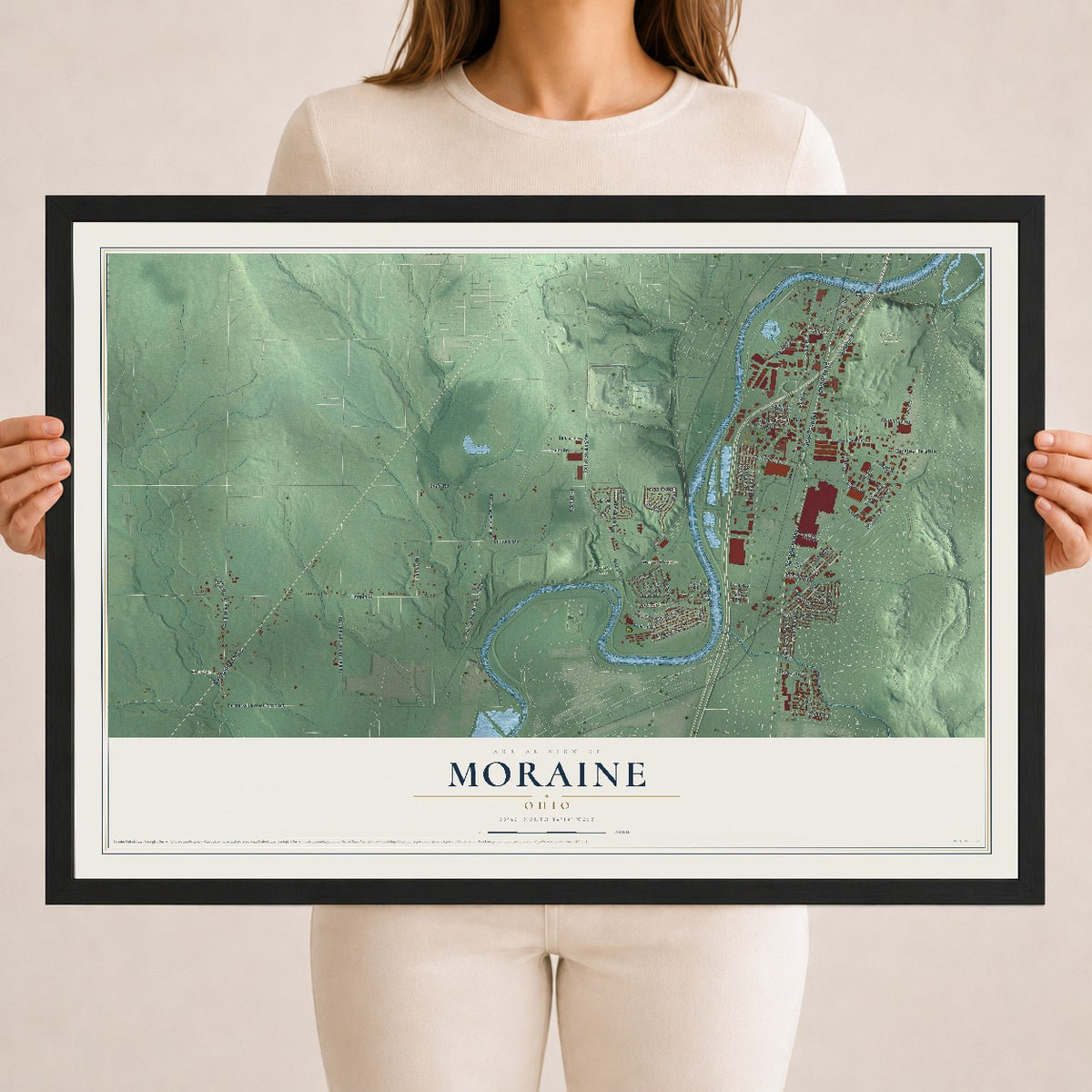 Map of Moraine, Ohio, 18 x 24 inch print in a black wood frame