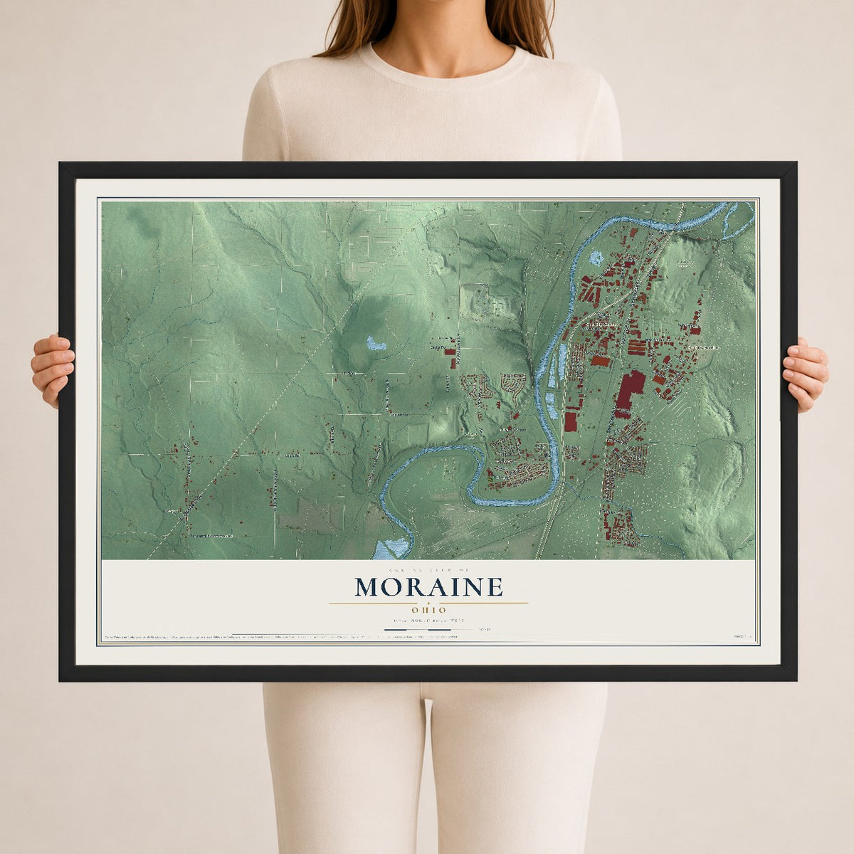 Map of Moraine, Ohio, 24 x 36 inch print in a black wood frame