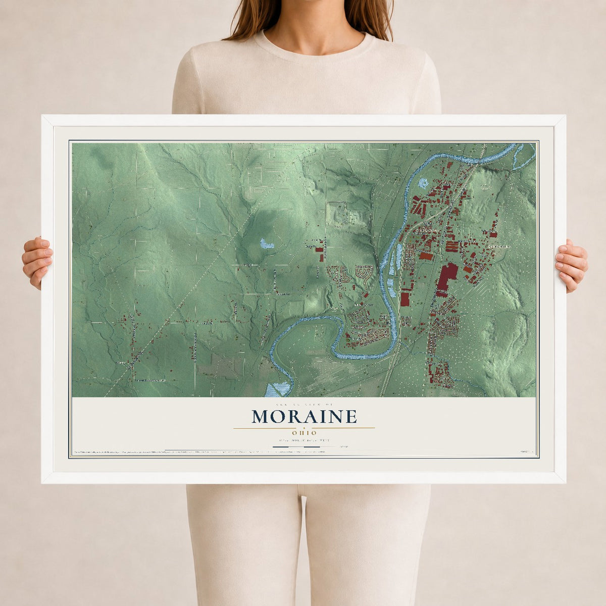 Map of Moraine, Ohio, 24 x 36 inch print in a white wood frame