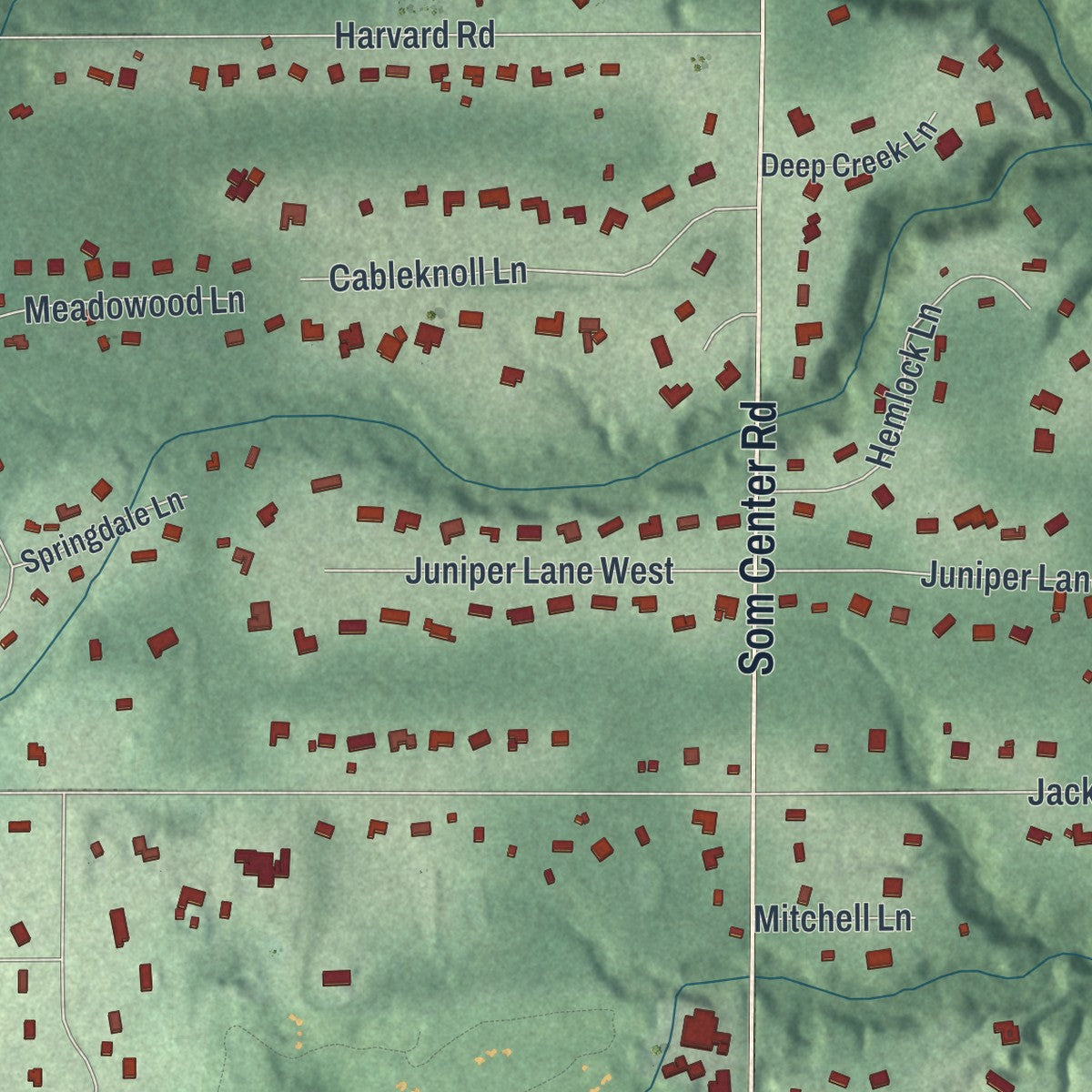 Close-up of the map of Moreland Hills, Ohio print showing street and building detail