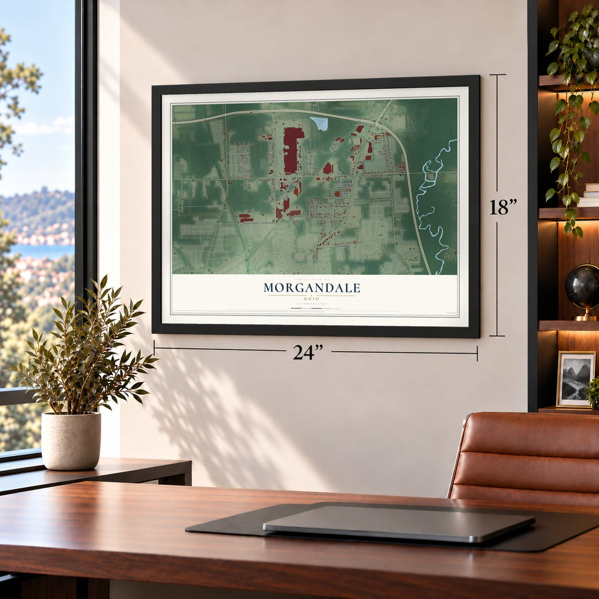 Morgandale, Ohio map, 18 x 24 inch print in a black frame in a home office