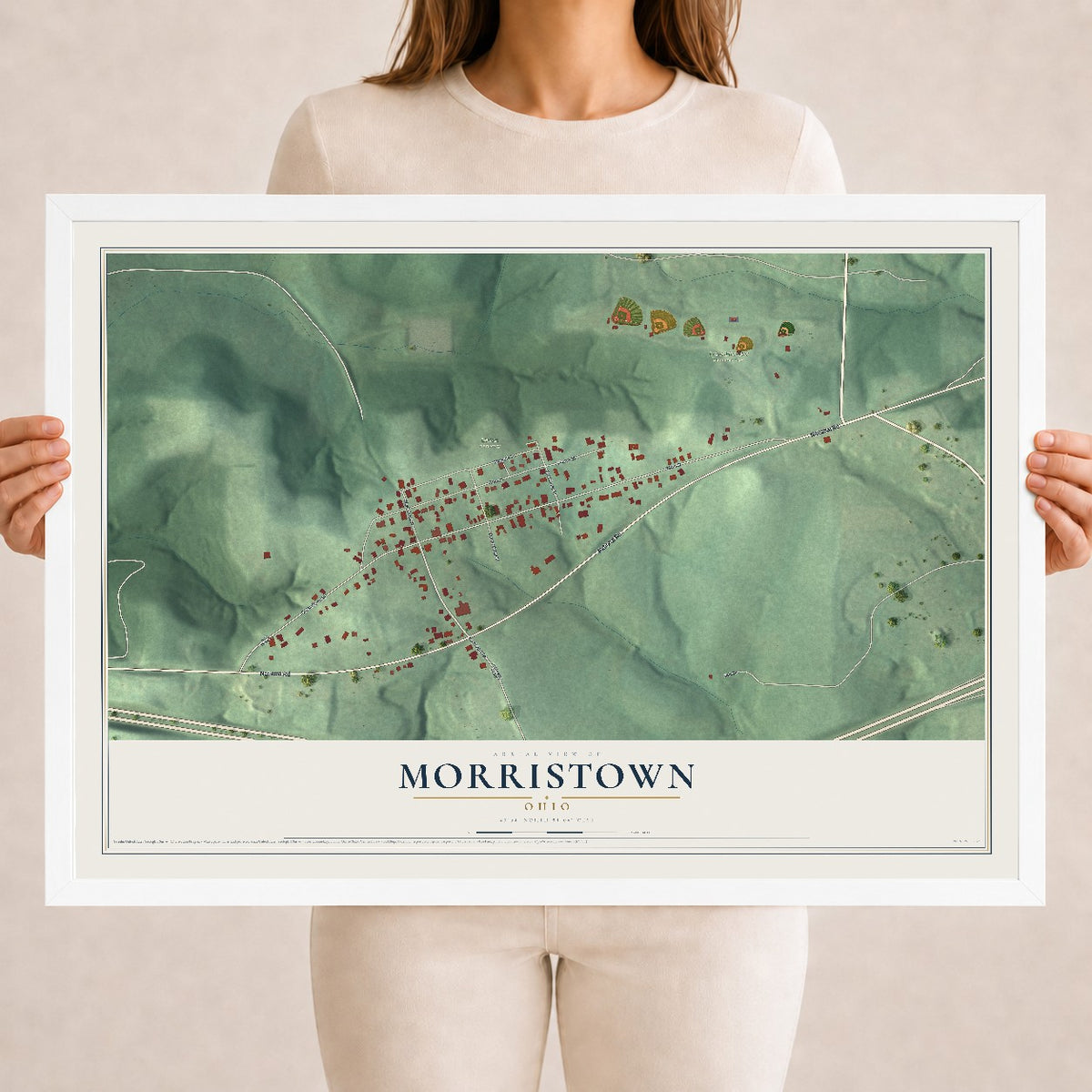 Map of Morristown, Ohio, 18 x 24 inch print in a white wood frame