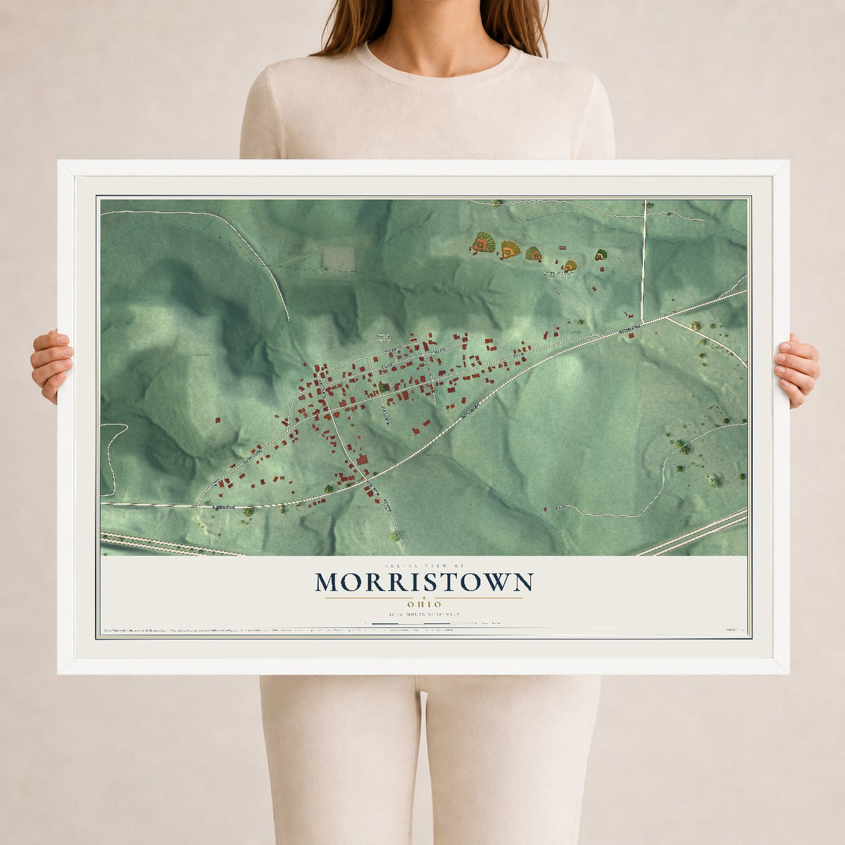 Map of Morristown, Ohio, 24 x 36 inch print in a white wood frame