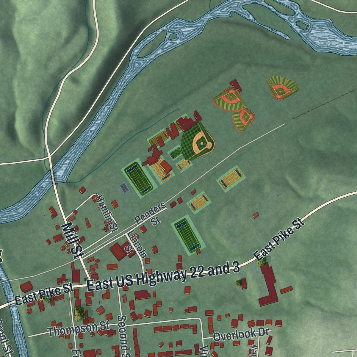 Second close-up of the map of Morrow, Ohio print showing more streets and buildings