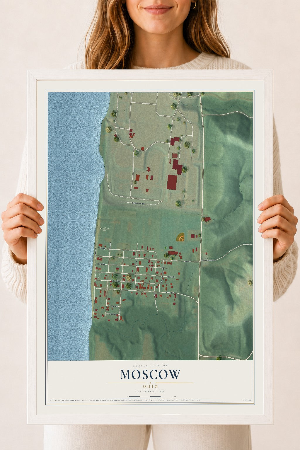 Map of Moscow, Ohio, 18 x 24 inch print in a white wood frame