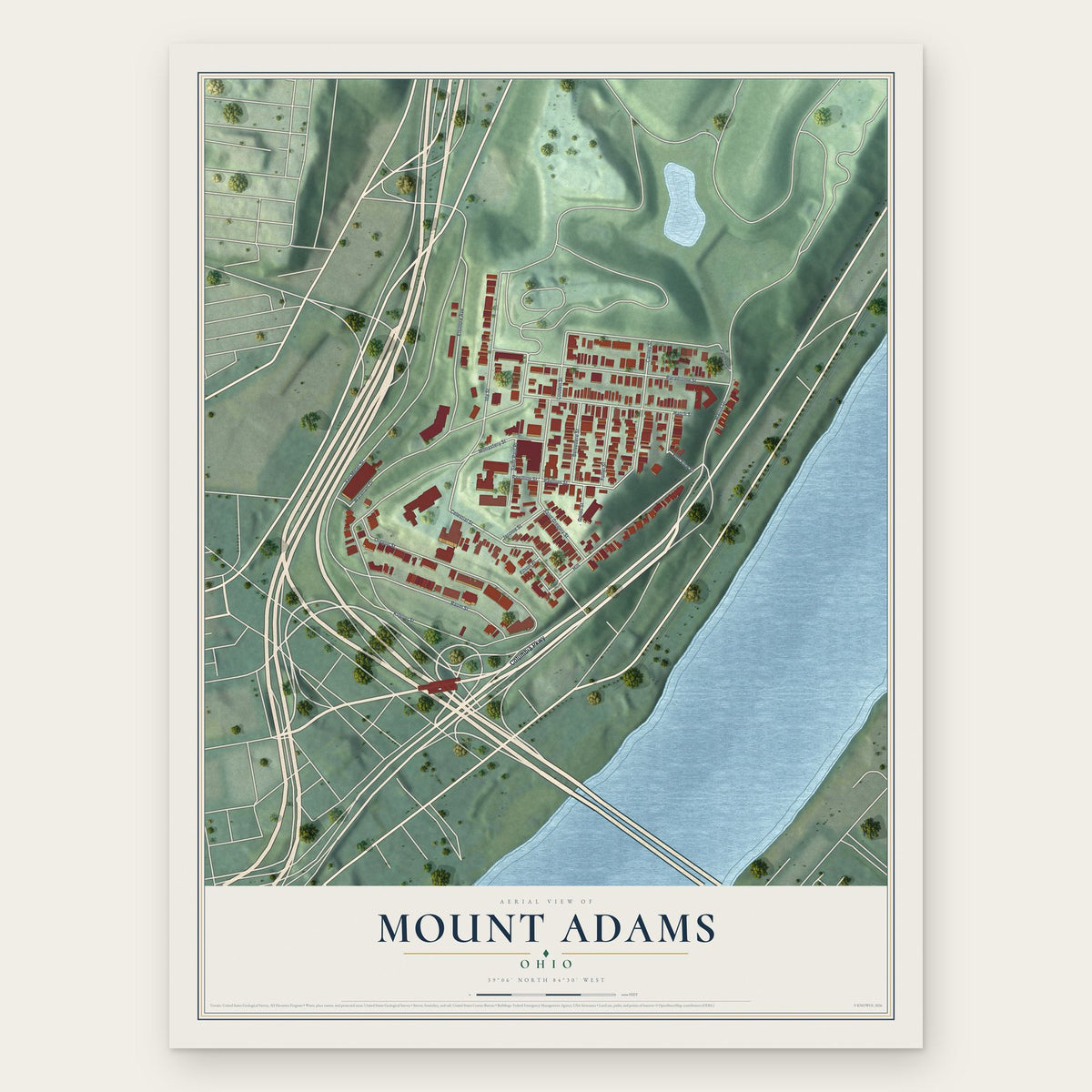 Mount Adams, Ohio map print, the full design