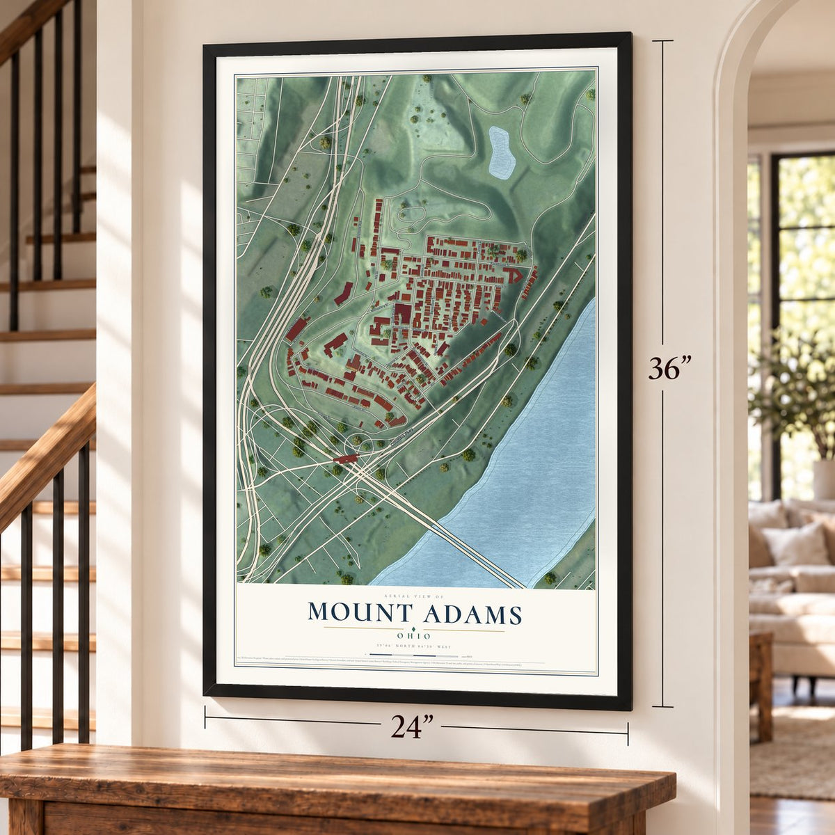 Mount Adams, Ohio map, 24 x 36 inch print in a black frame by a staircase