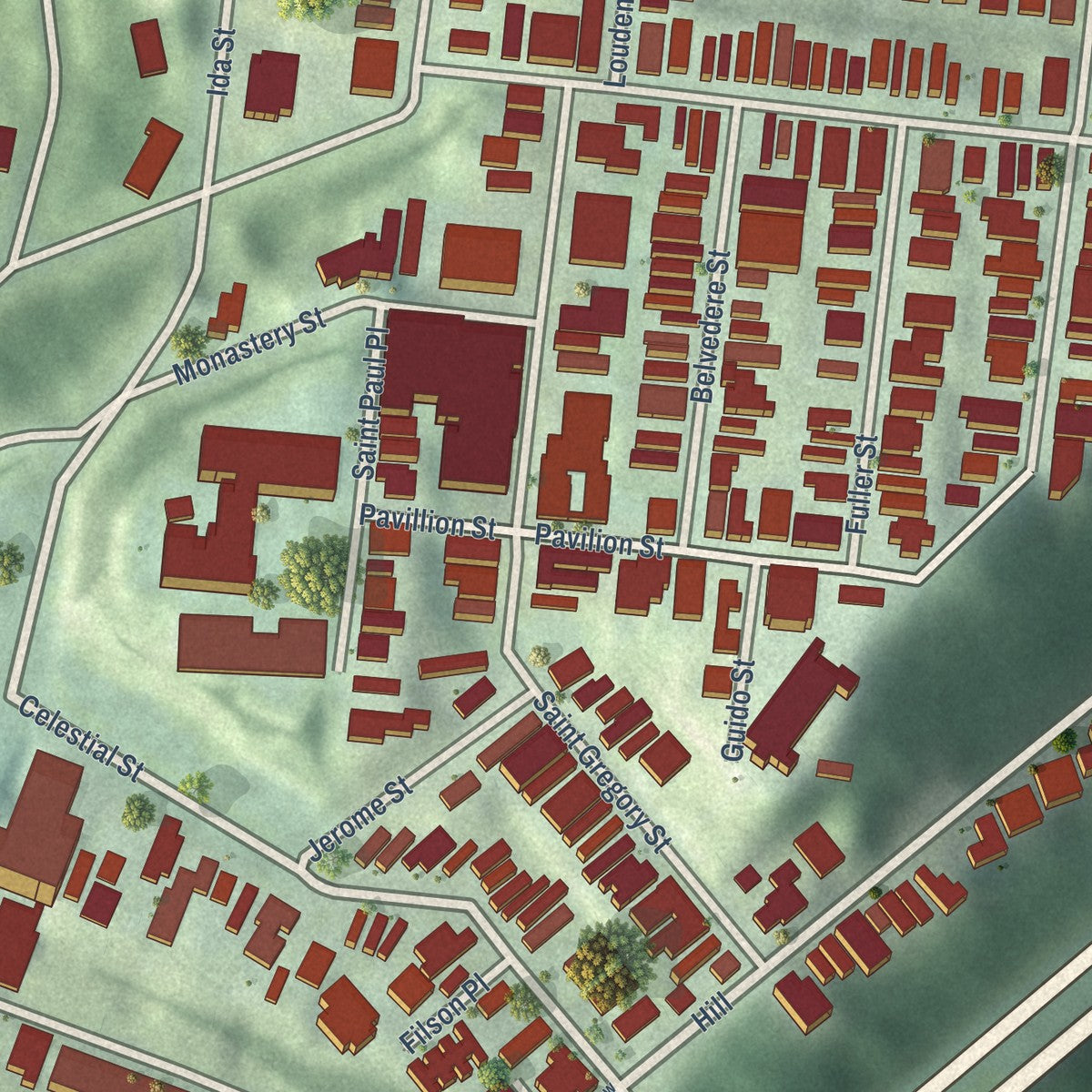 Close-up of the map of Mount Adams, Ohio print showing street and building detail
