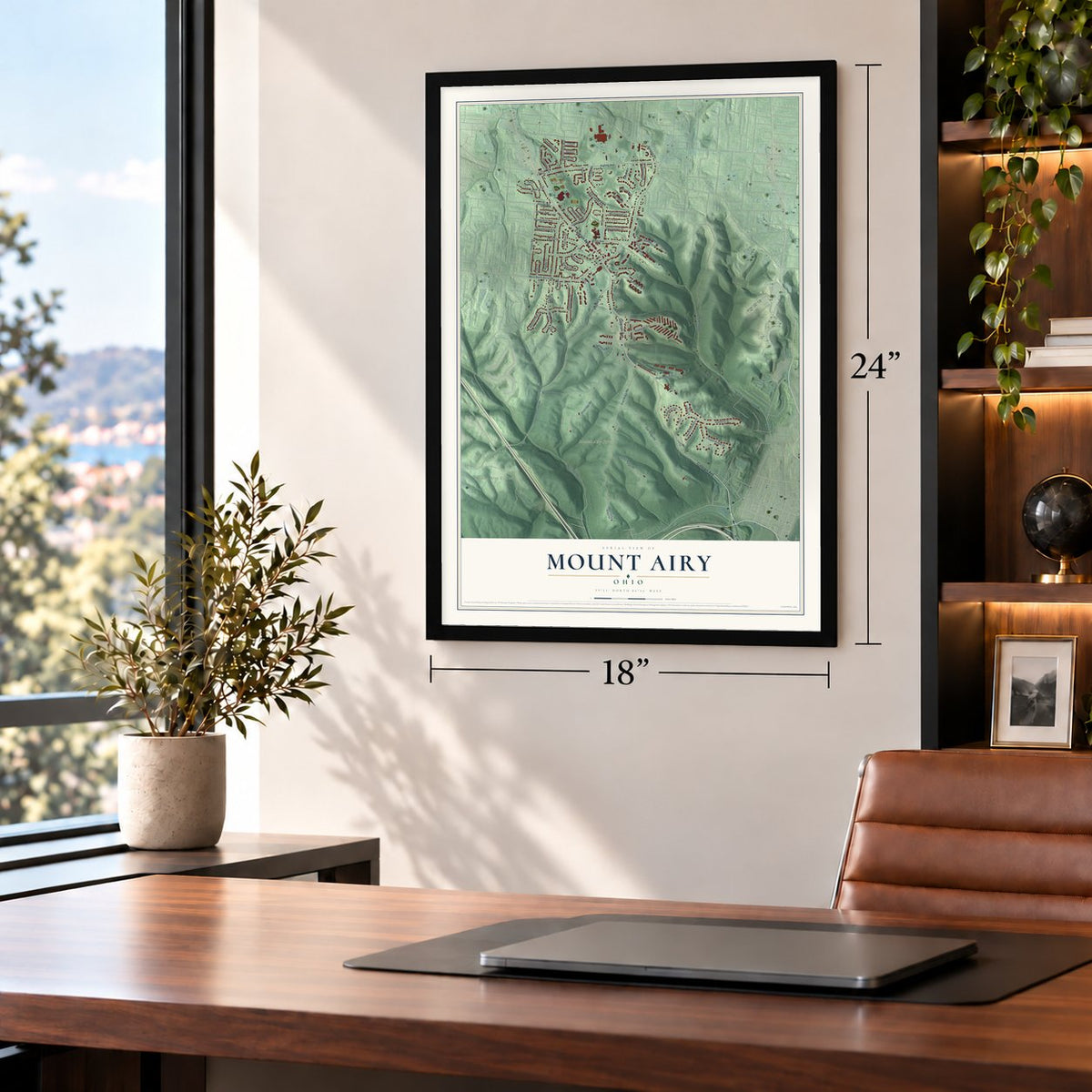 Mount Airy, Ohio map, 18 x 24 inch print in a black frame in a home office