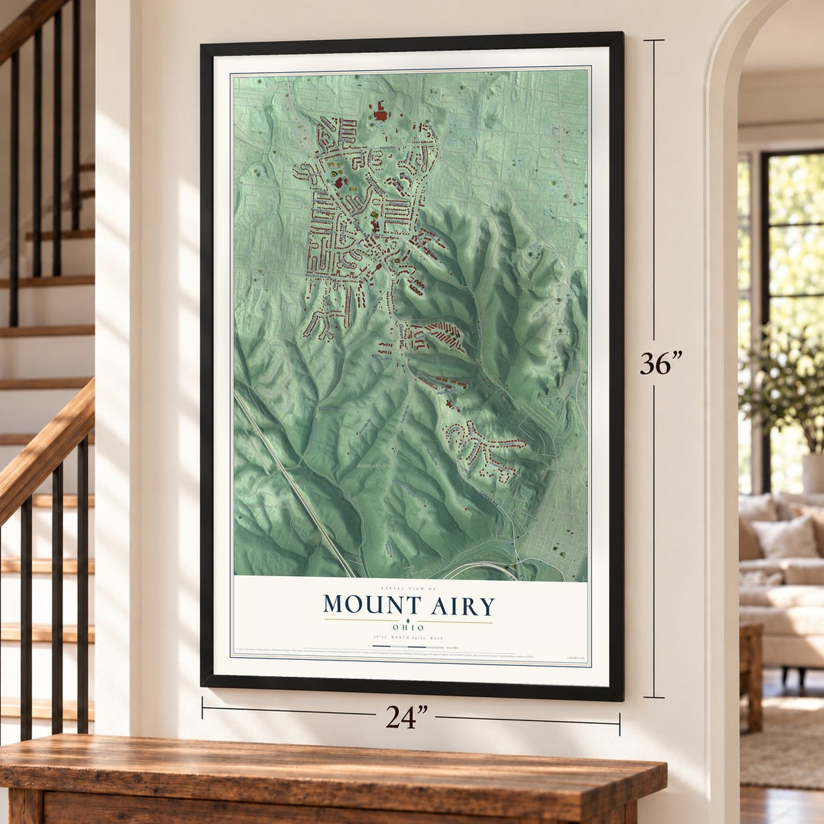 Mount Airy, Ohio map, 24 x 36 inch print in a black frame by a staircase