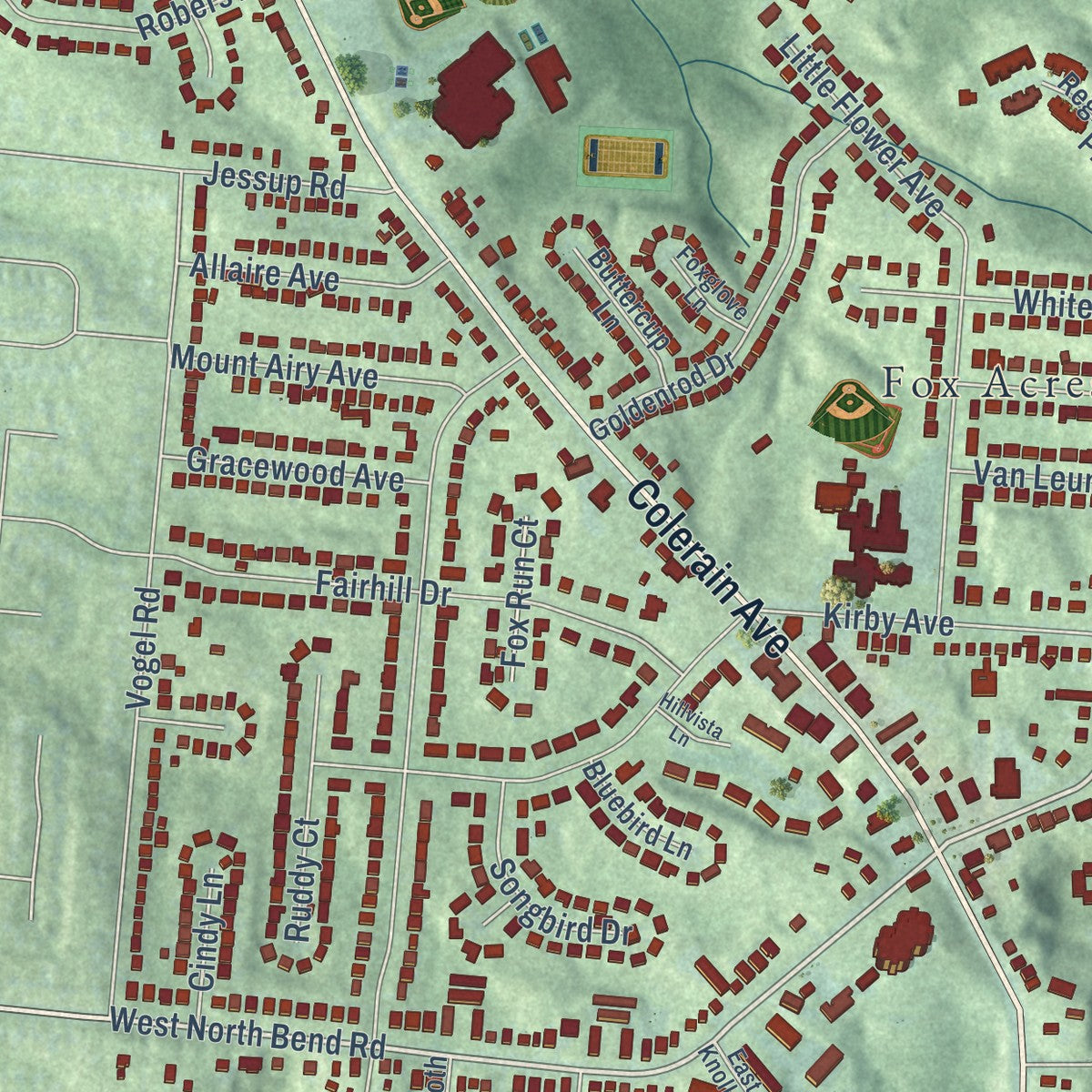 Close-up of the map of Mount Airy, Ohio print showing street and building detail