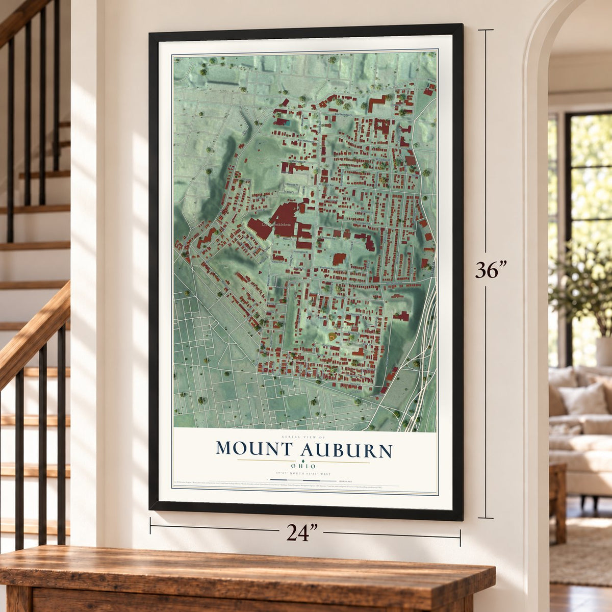 Mount Auburn, Ohio map, 24 x 36 inch print in a black frame by a staircase