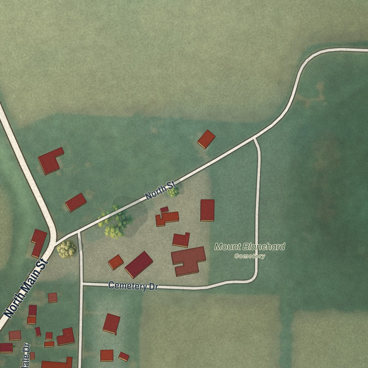 Second close-up of the map of Mount Blanchard, Ohio print showing more streets and buildings