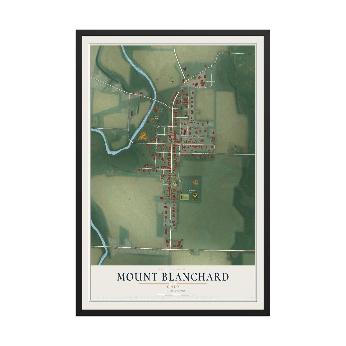 Map of Mount Blanchard, Ohio, 12 x 18 inch print in a black wood frame