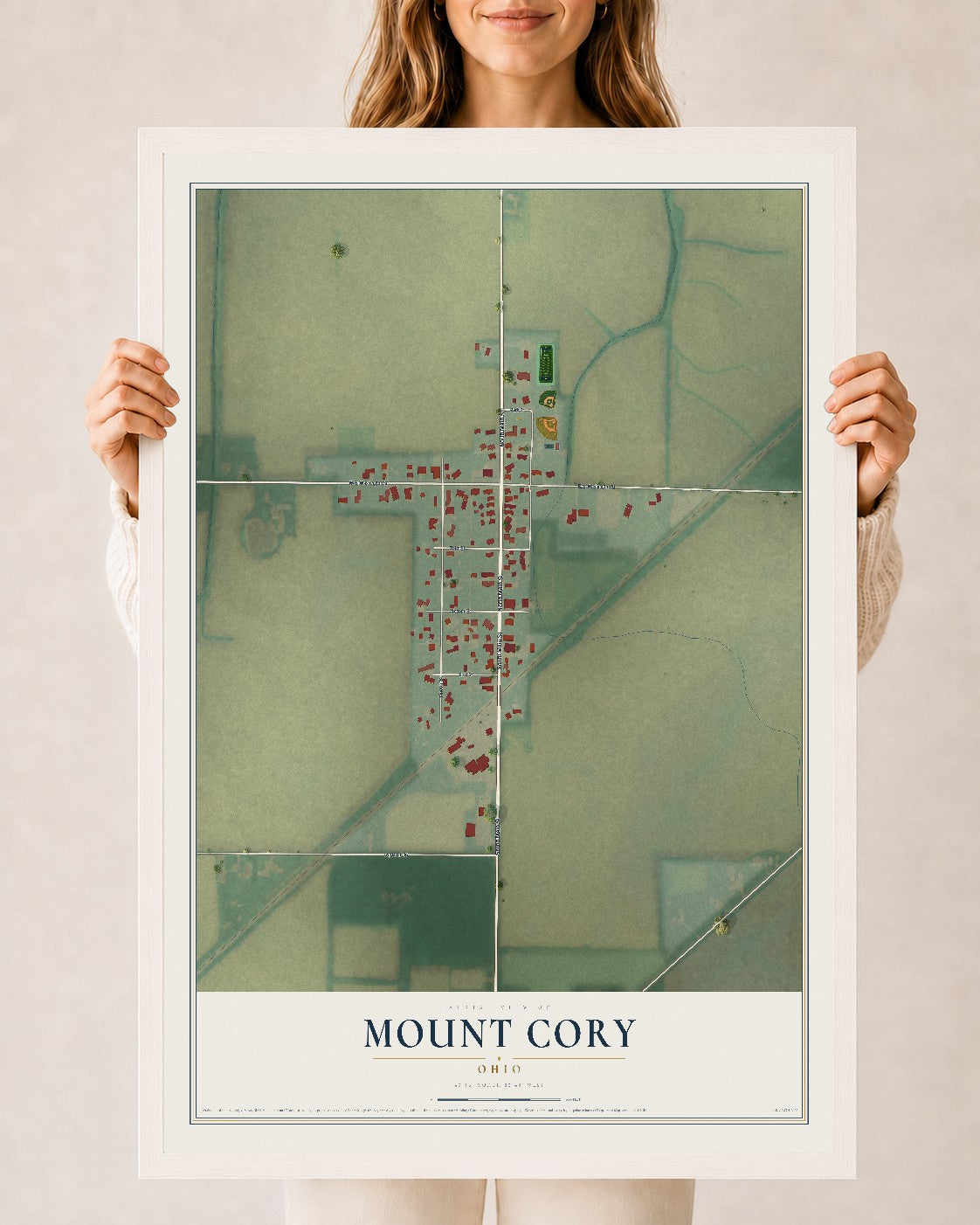 Map of Mount Cory, Ohio, 24 x 36 inch print in a white wood frame