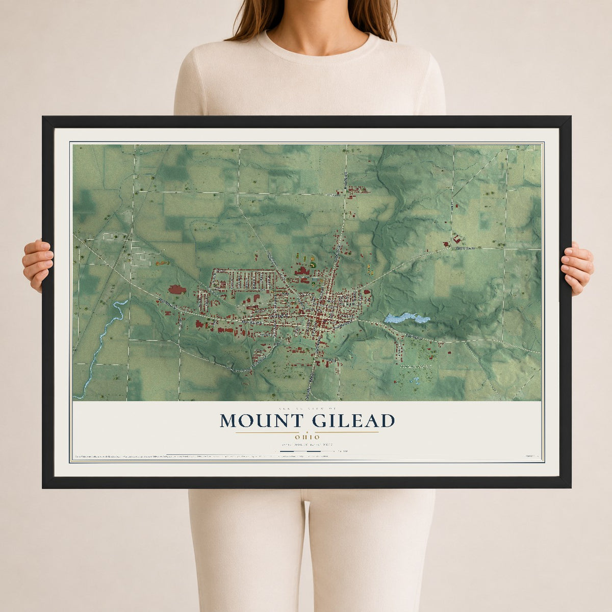 Map of Mount Gilead, Ohio, 24 x 36 inch print in a black wood frame