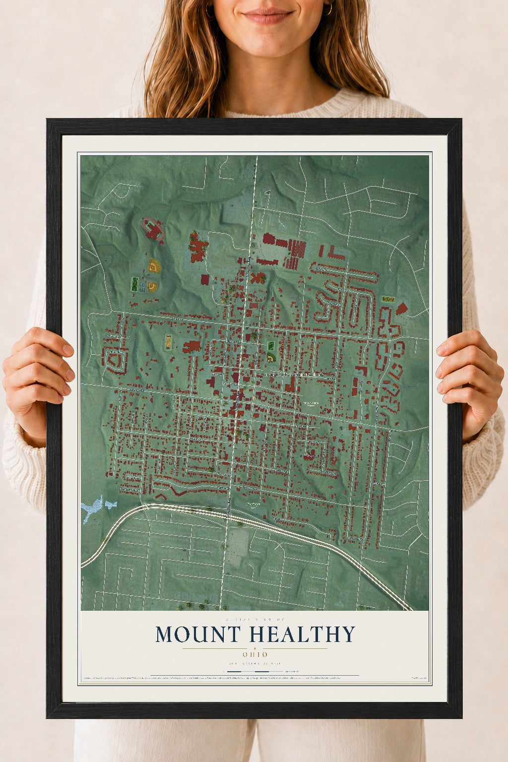 Map of Mount Healthy, Ohio, 18 x 24 inch print in a black wood frame