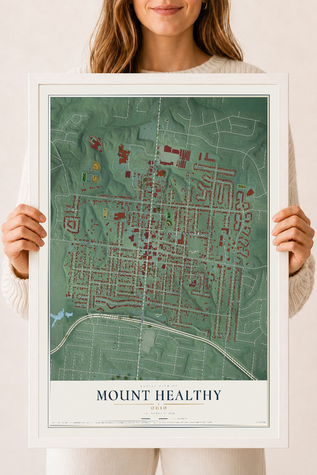 Map of Mount Healthy, Ohio, 18 x 24 inch print in a white wood frame