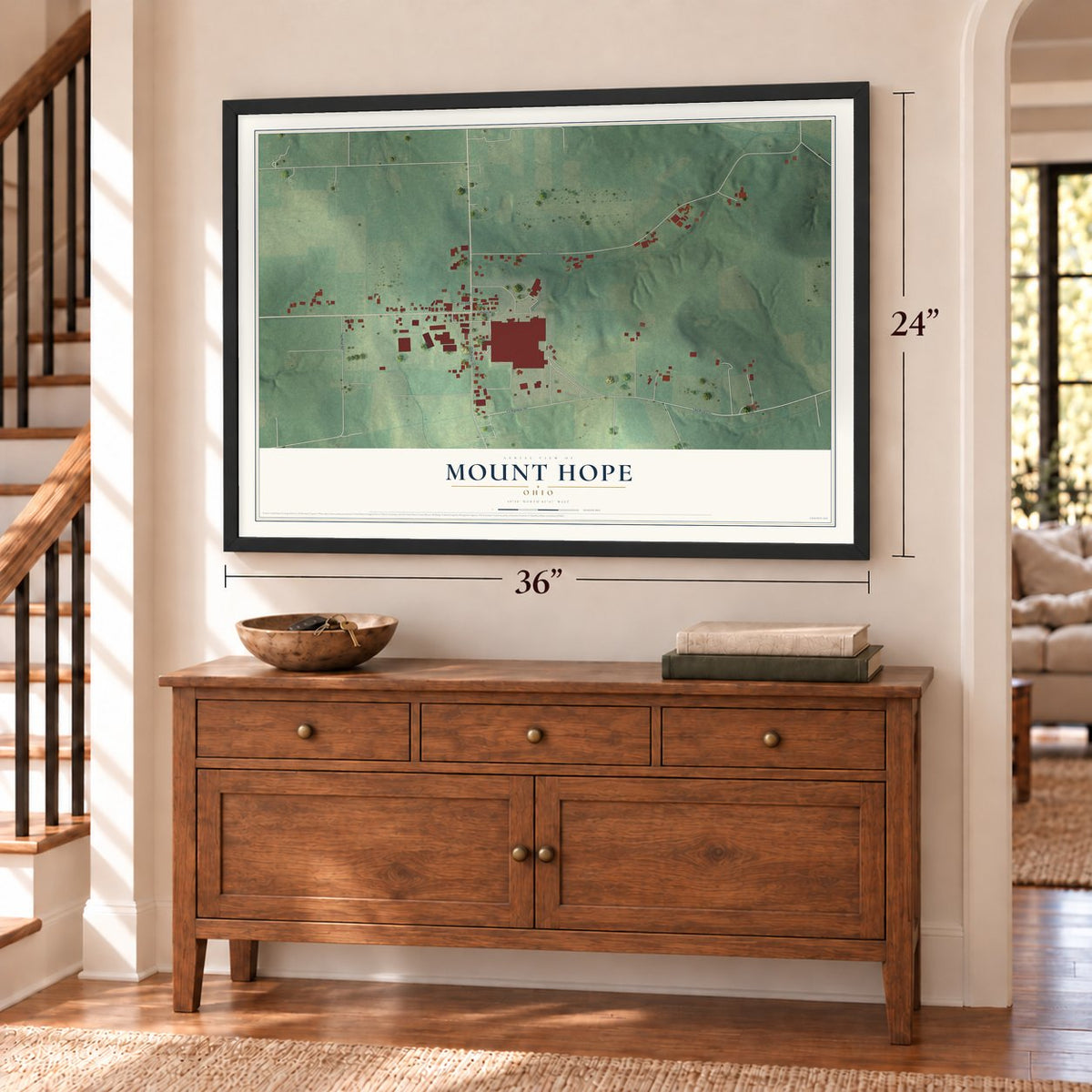 Mount Hope, Ohio map, 24 x 36 inch print in a black frame above a dresser by a staircase