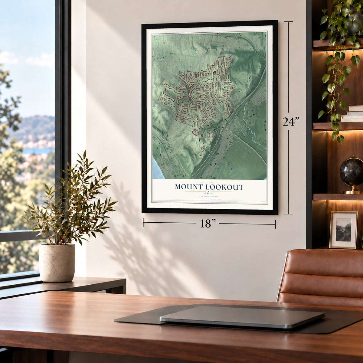 Mount Lookout, Ohio map, 18 x 24 inch print in a black frame in a home office