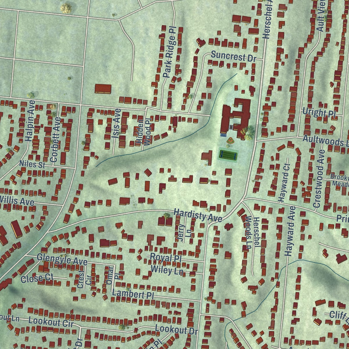 Close-up of the map of Mount Lookout, Ohio print showing street and building detail