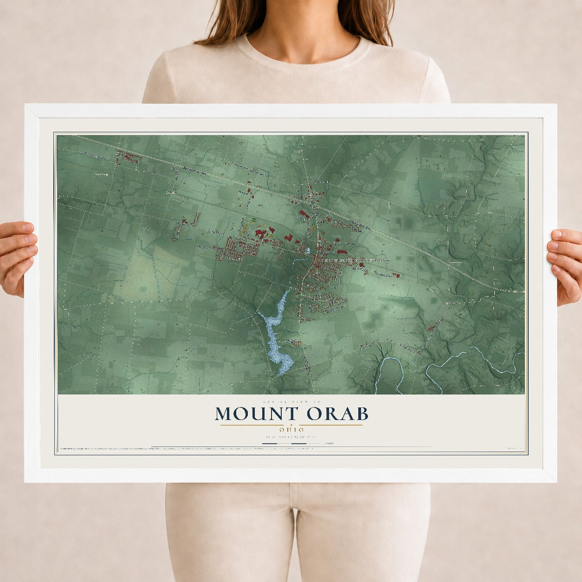 Map of Mount Orab, Ohio, 18 x 24 inch print in a white wood frame