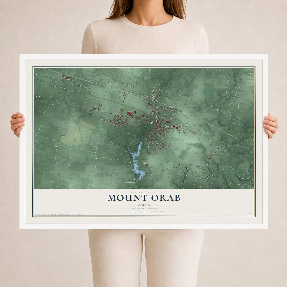 Map of Mount Orab, Ohio, 24 x 36 inch print in a white wood frame