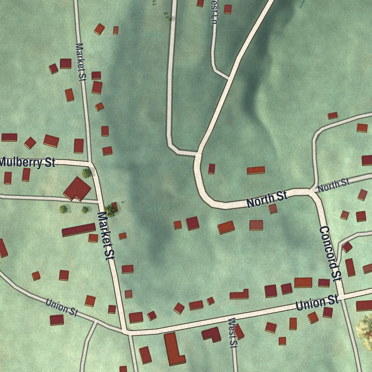Close-up of the map of Mount Pleasant, Ohio print showing street and building detail
