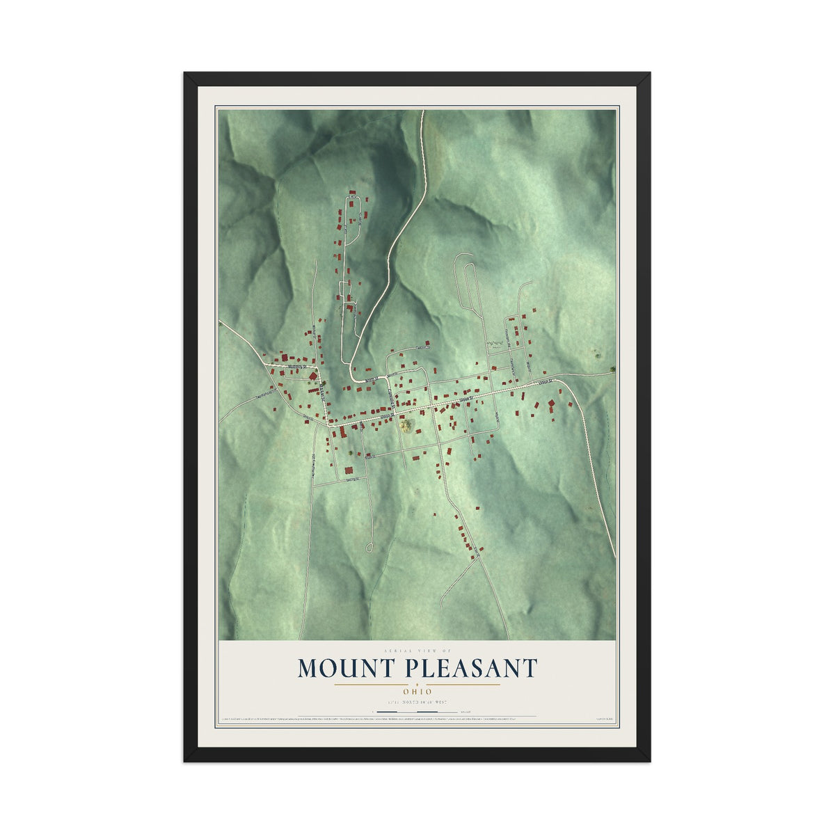 Map of Mount Pleasant, Ohio, 12 x 18 inch print in a black wood frame