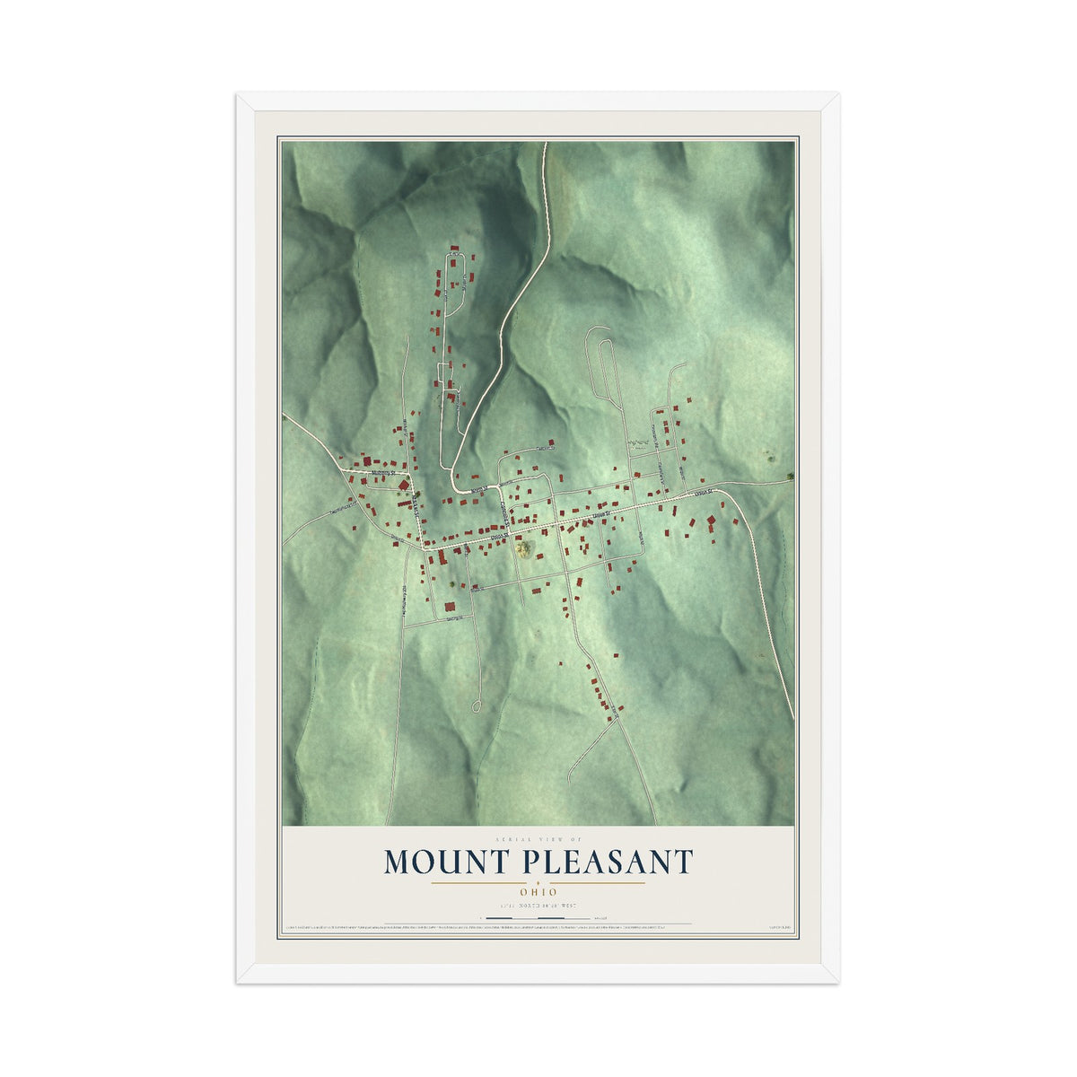 Map of Mount Pleasant, Ohio, 12 x 18 inch print in a white wood frame