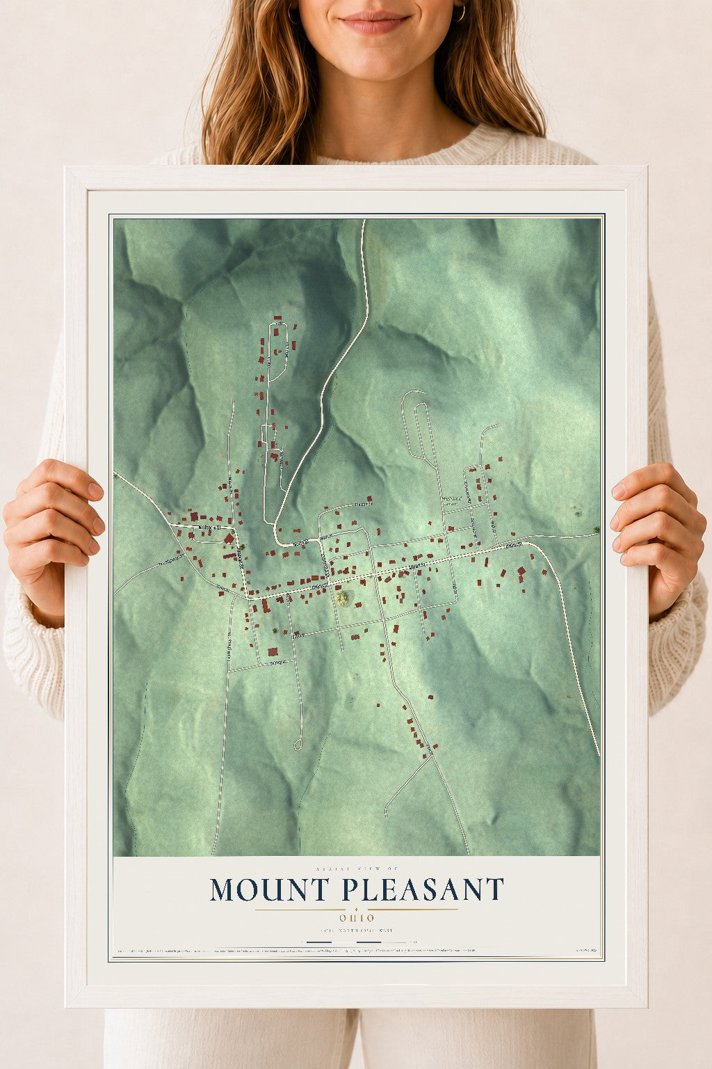 Map of Mount Pleasant, Ohio, 18 x 24 inch print in a white wood frame