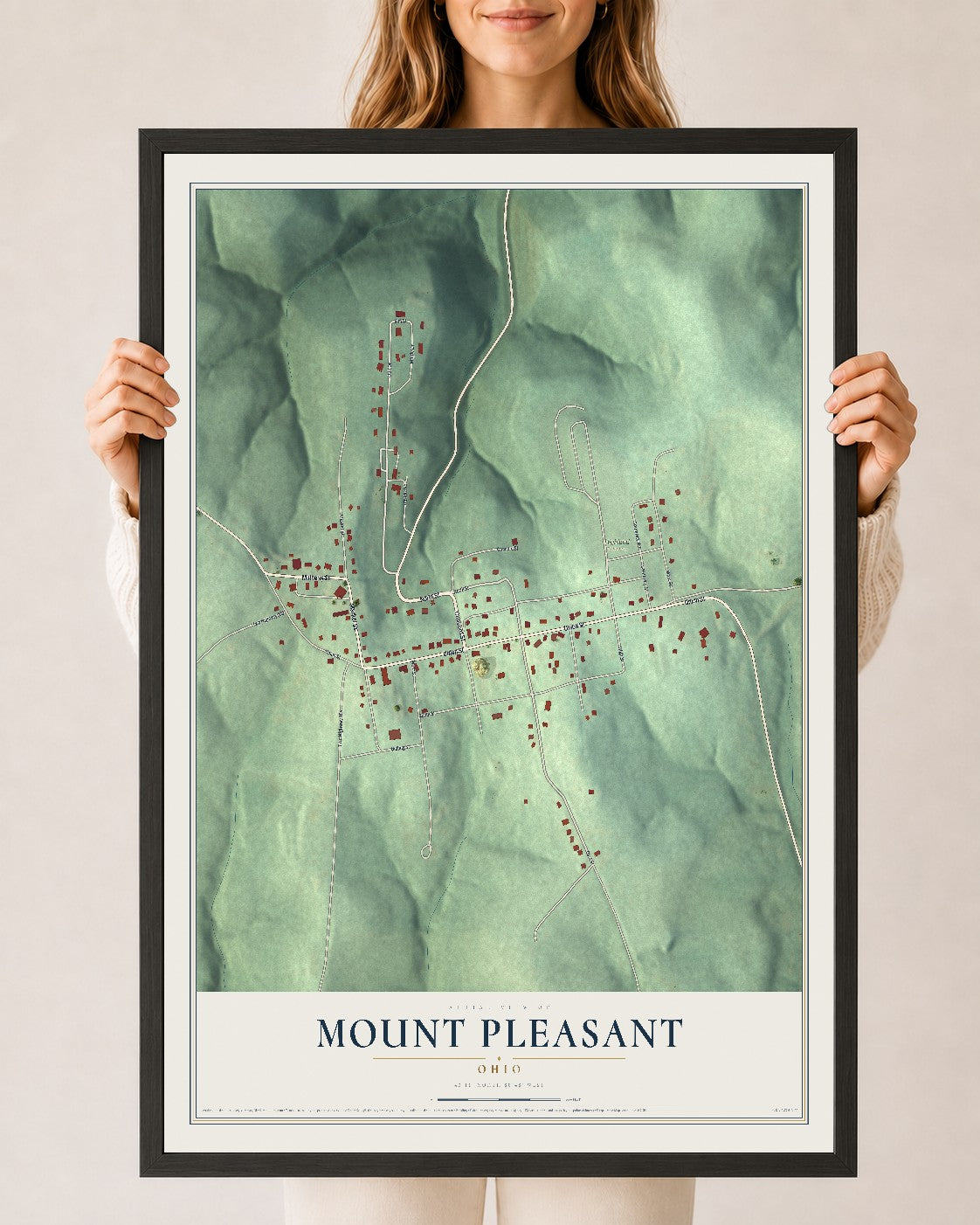 Map of Mount Pleasant, Ohio, 24 x 36 inch print in a black wood frame