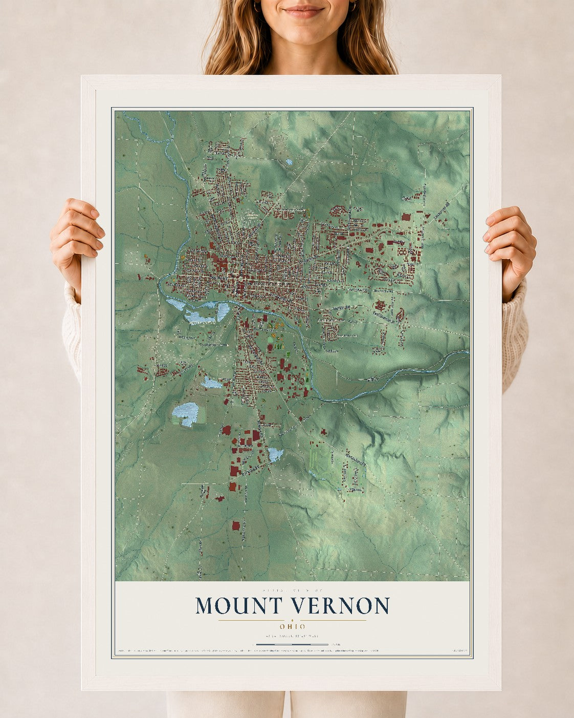 Map of Mount Vernon, Ohio, 24 x 36 inch print in a white wood frame