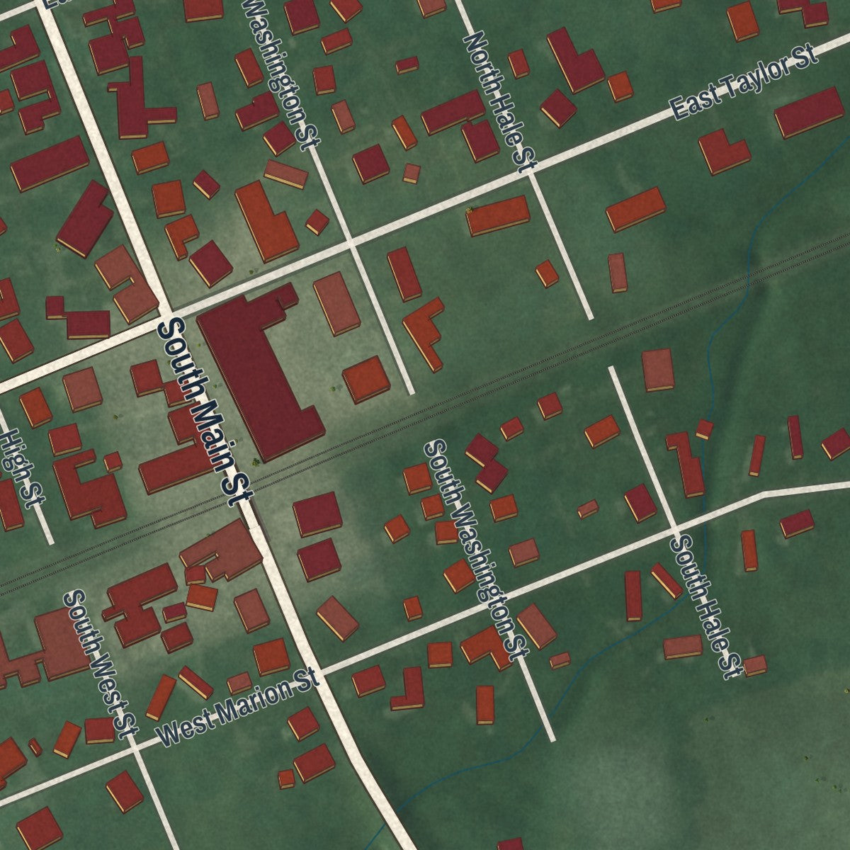 Close-up of the map of Mount Victory, Ohio print showing street and building detail