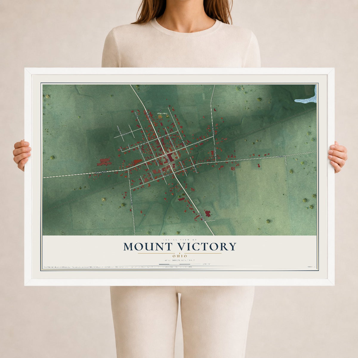 Map of Mount Victory, Ohio, 24 x 36 inch print in a white wood frame