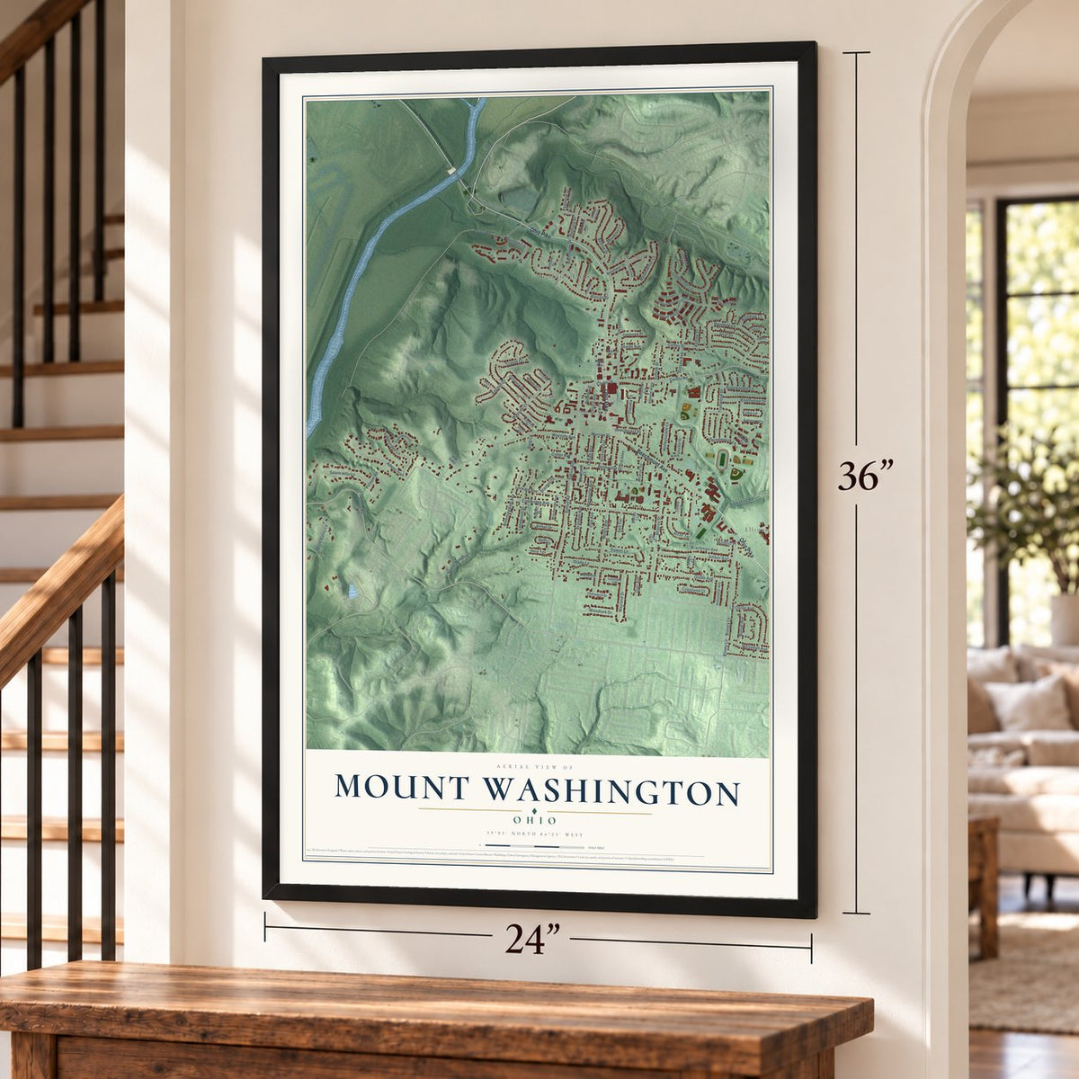 Mount Washington, Ohio map, 24 x 36 inch print in a black frame by a staircase