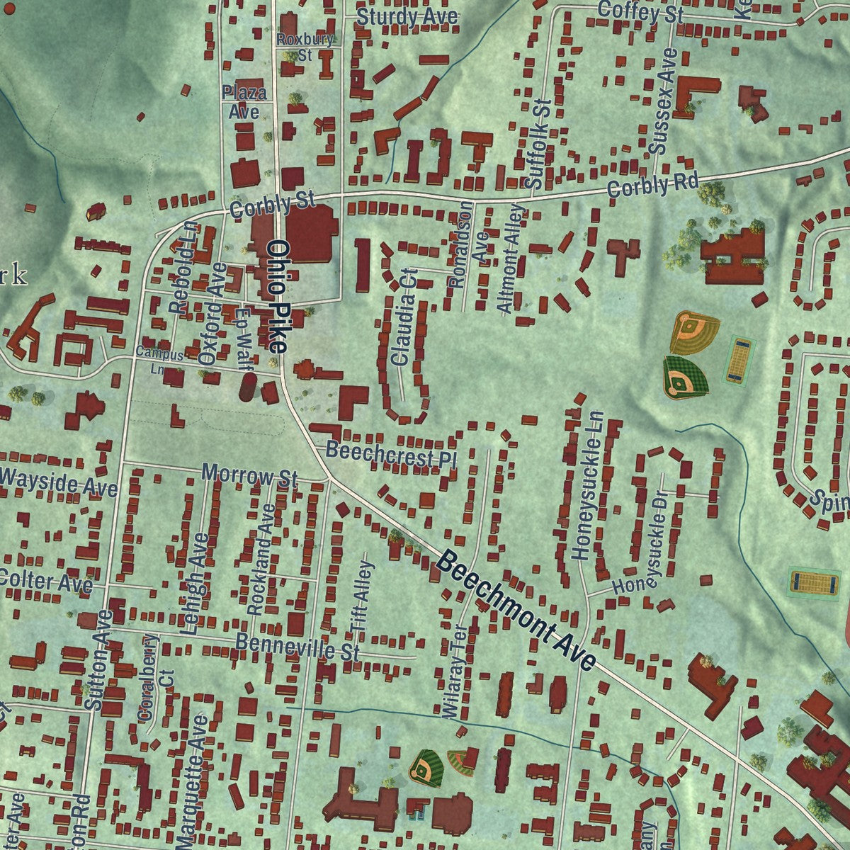 Close-up of the map of Mount Washington, Ohio print showing street and building detail