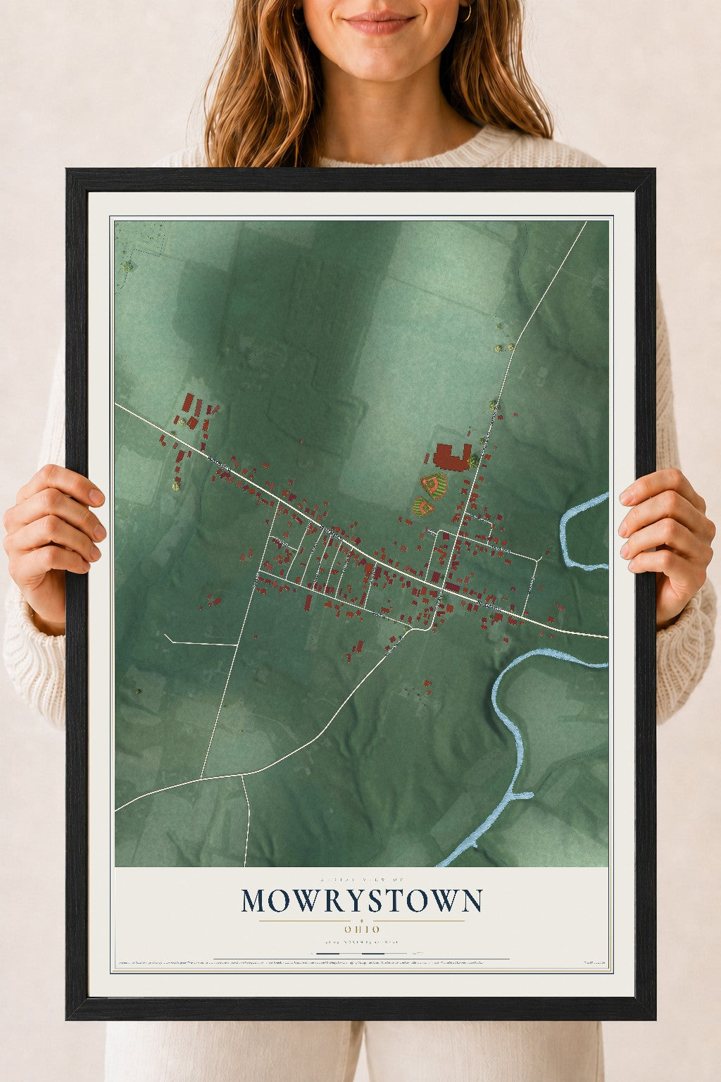 Map of Mowrystown, Ohio, 18 x 24 inch print in a black wood frame