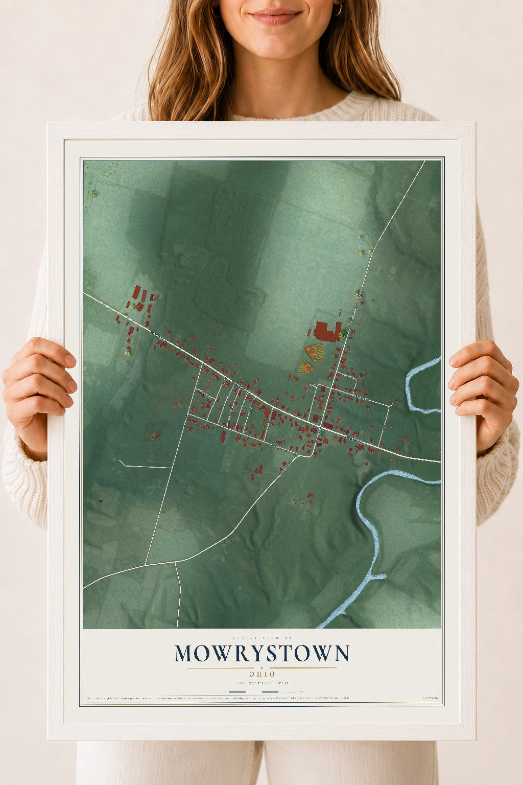 Map of Mowrystown, Ohio, 18 x 24 inch print in a white wood frame