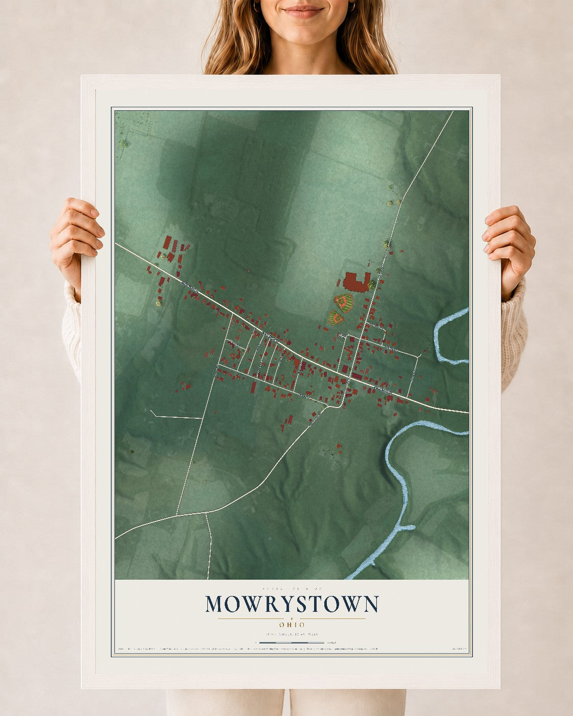 Map of Mowrystown, Ohio, 24 x 36 inch print in a white wood frame