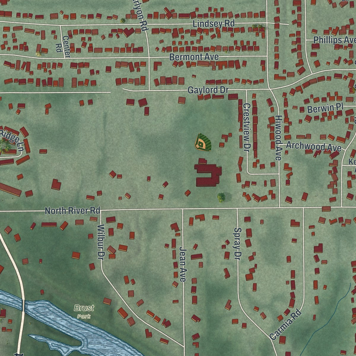 Close-up of the map of Munroe Falls, Ohio print showing street and building detail