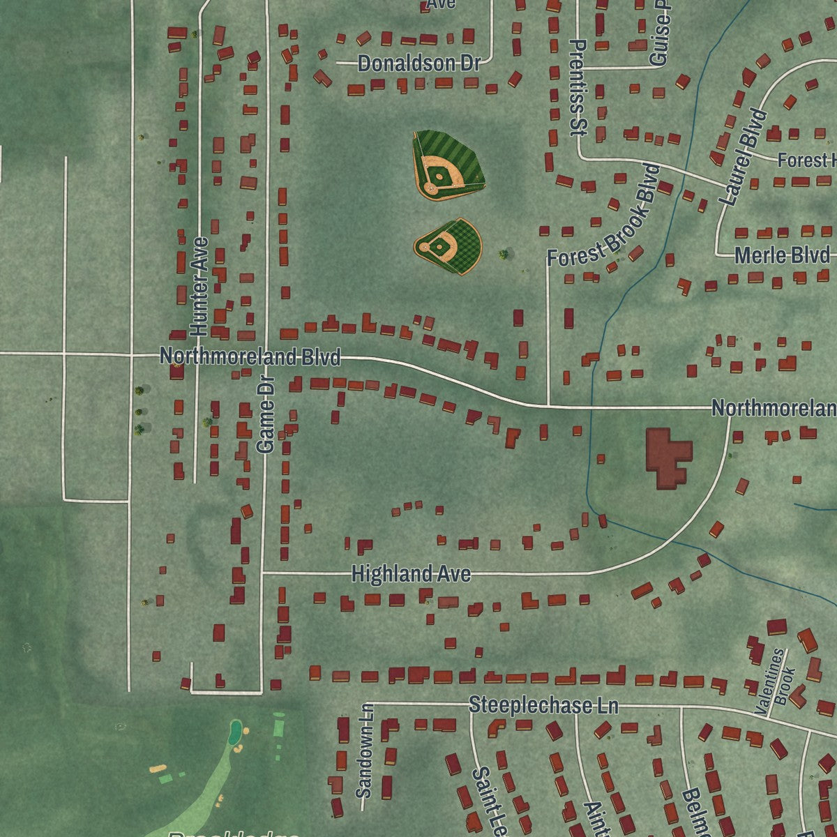 Second close-up of the map of Munroe Falls, Ohio print showing more streets and buildings